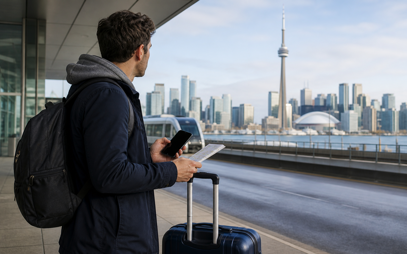 Custom editorial artwork for a traveler planning the toronto airport to city route, without text or logos.